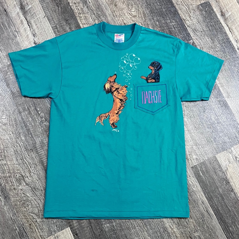 Vintage Dachshund Shirt Size Large Cyan 90s Hanes Animal Print Dog Dogs